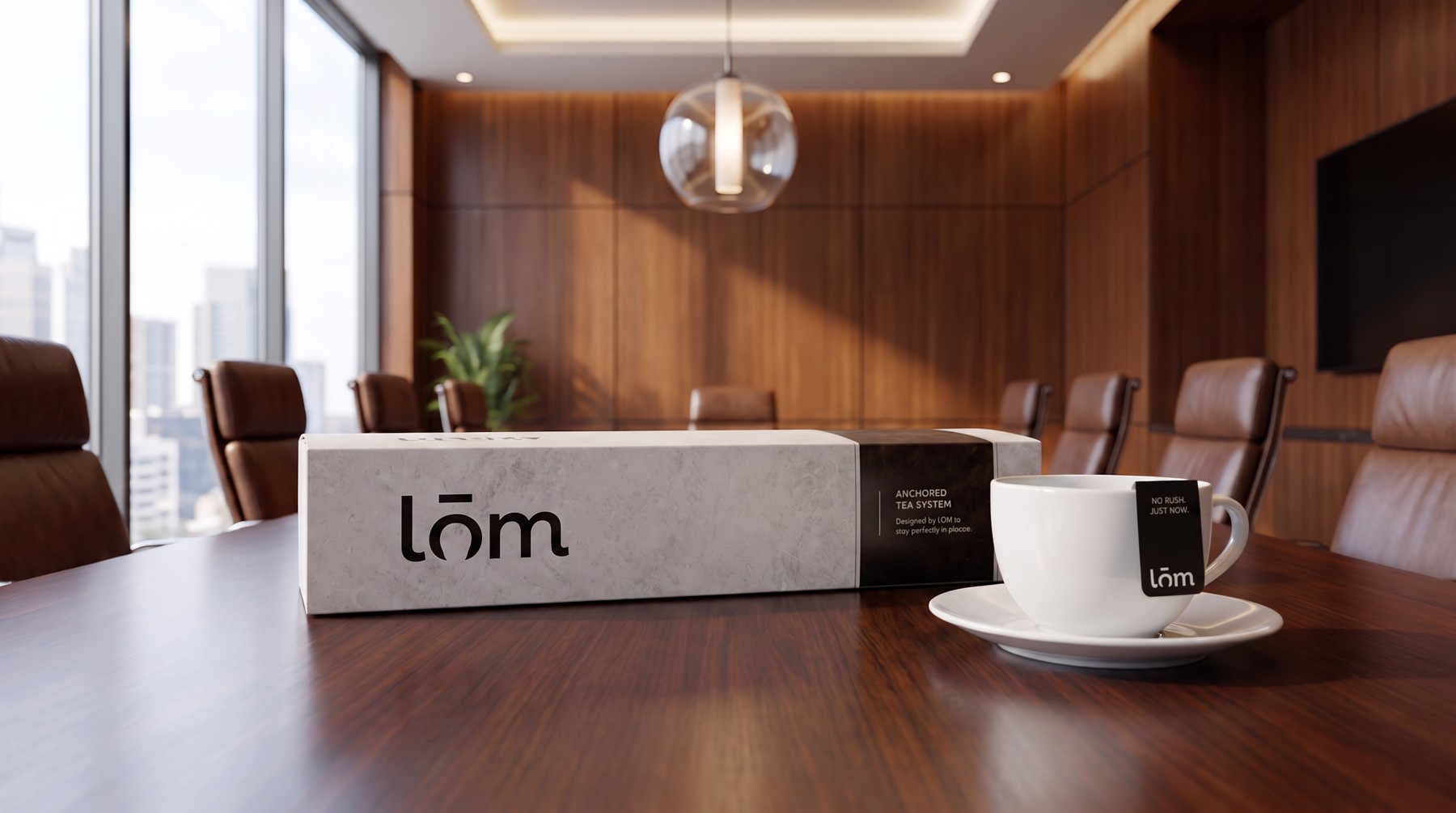 Caja de té LŌM y taza con la etiqueta anclada, sobre una mesa de directorio ejecutiva