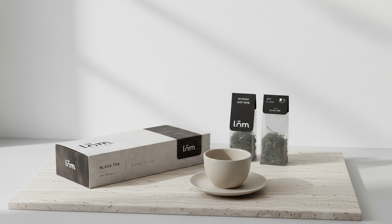 Caja y sobres individuales de té LŌM Black Tea, empaque crema y chocolate con la etiqueta de anclaje